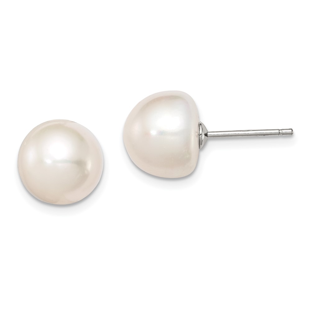 Sterling Silver Rhodium-plated 10-11mm White Button Freshwater Cultured Pearl Post Earrings (QE7665)