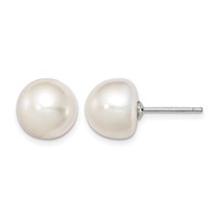 Sterling Silver Rhodium-plated 10-11mm White Button Freshwater Cultured Pearl Post Earrings view 1