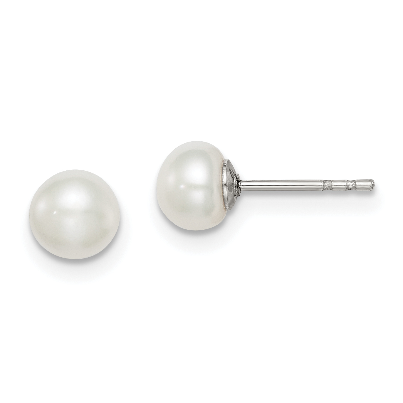 Sterling Silver Rhodium-plated 5-6mm White Button Freshwater Cultured Pearl Post Earrings (QE7666)