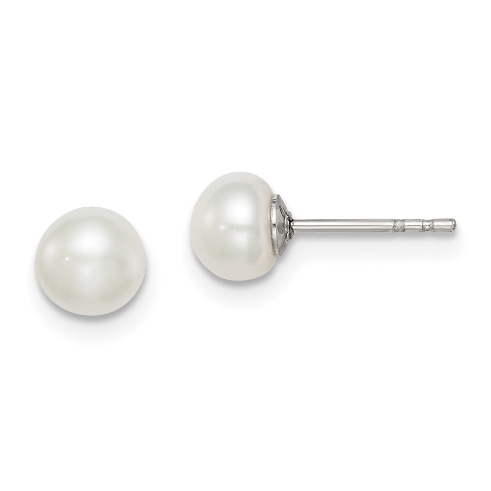 Sterling Silver Rhodium-plated 5-6mm White Button Freshwater Cultured Pearl Post Earrings (QE7666)