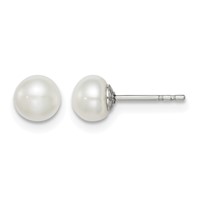 Sterling Silver Rhodium-plated 5-6mm White Button Freshwater Cultured Pearl Post Earrings view 1