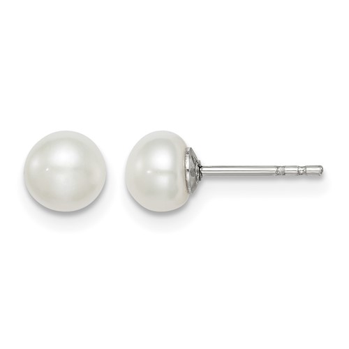 Sterling Silver Rhodium-plated 5-6mm White Button Freshwater Cultured Pearl Post Earrings