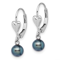 Sterling Silver Rhodium-plated 6-7mm Black Round Freshwater Cultured Pearl Heart Leverback Dangle Earrings view 2