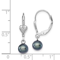 Sterling Silver Rhodium-plated 6-7mm Black Round Freshwater Cultured Pearl Heart Leverback Dangle Earrings view 4