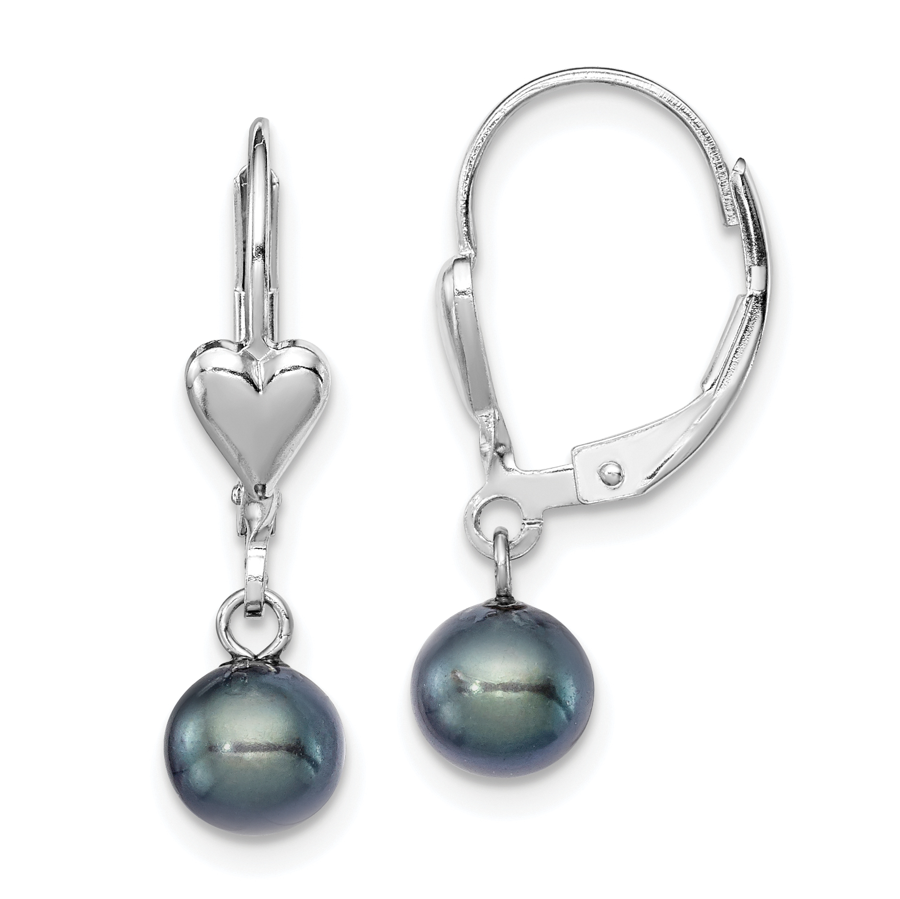 Sterling Silver Rhodium-plated 6-7mm Black Round Freshwater Cultured Pearl Heart Leverback Dangle Earrings (QE7667)