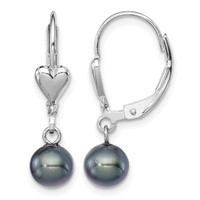 Sterling Silver Rhodium-plated 6-7mm Black Round Freshwater Cultured Pearl Heart Leverback Dangle Earrings view 1