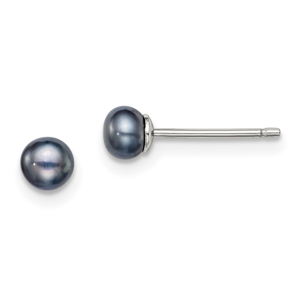 Sterling Silver Rhodium-plated 4-5mm Black Button Freshwater Cultured Pearl Post Earrings (QE7668)