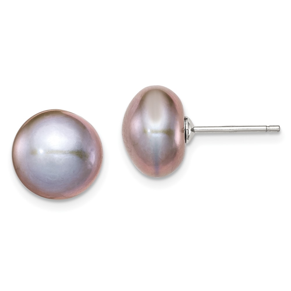 Sterling Silver Rhodium-plated 10-11mm Grey Button Freshwater Cultured Pearl Post Earrings (QE7669)
