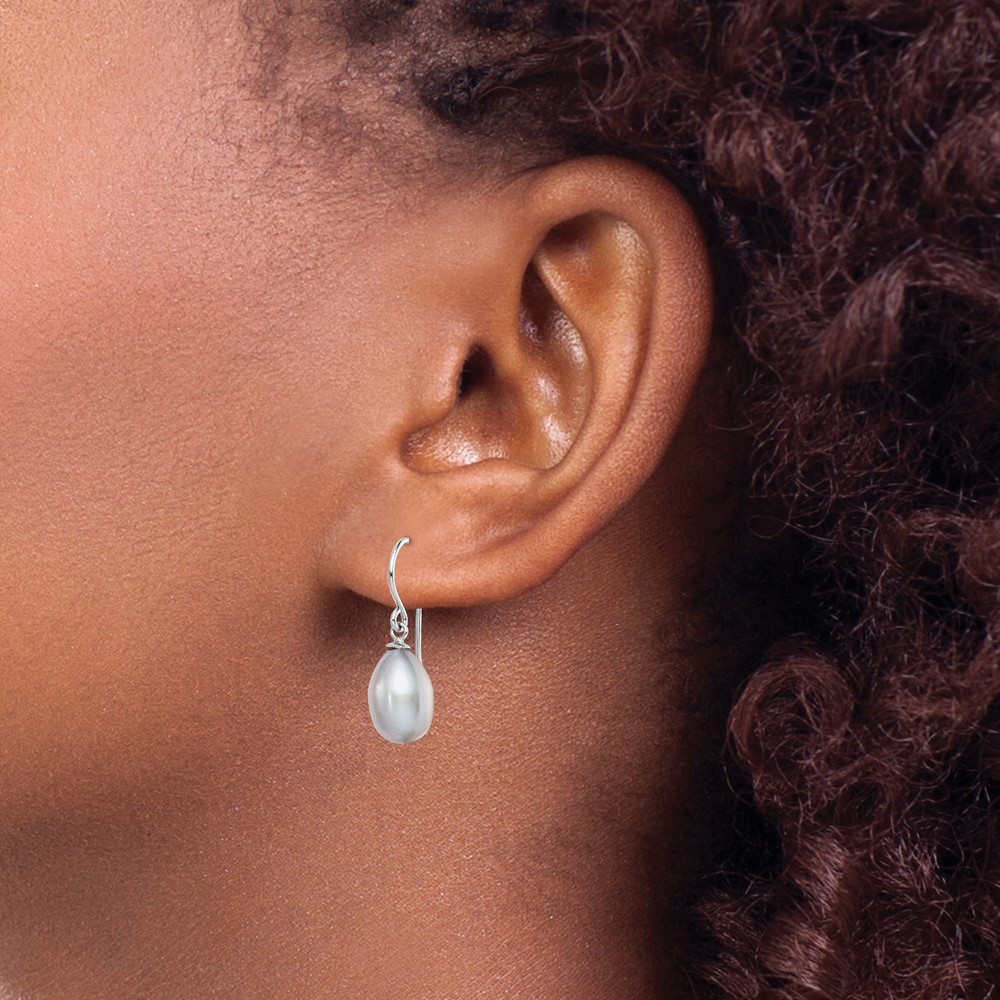Sterling Silver Rhodium-plated Grey 8-9mm Rice Freshwater Cultured Pearl Dangle Earrings (QE7674)