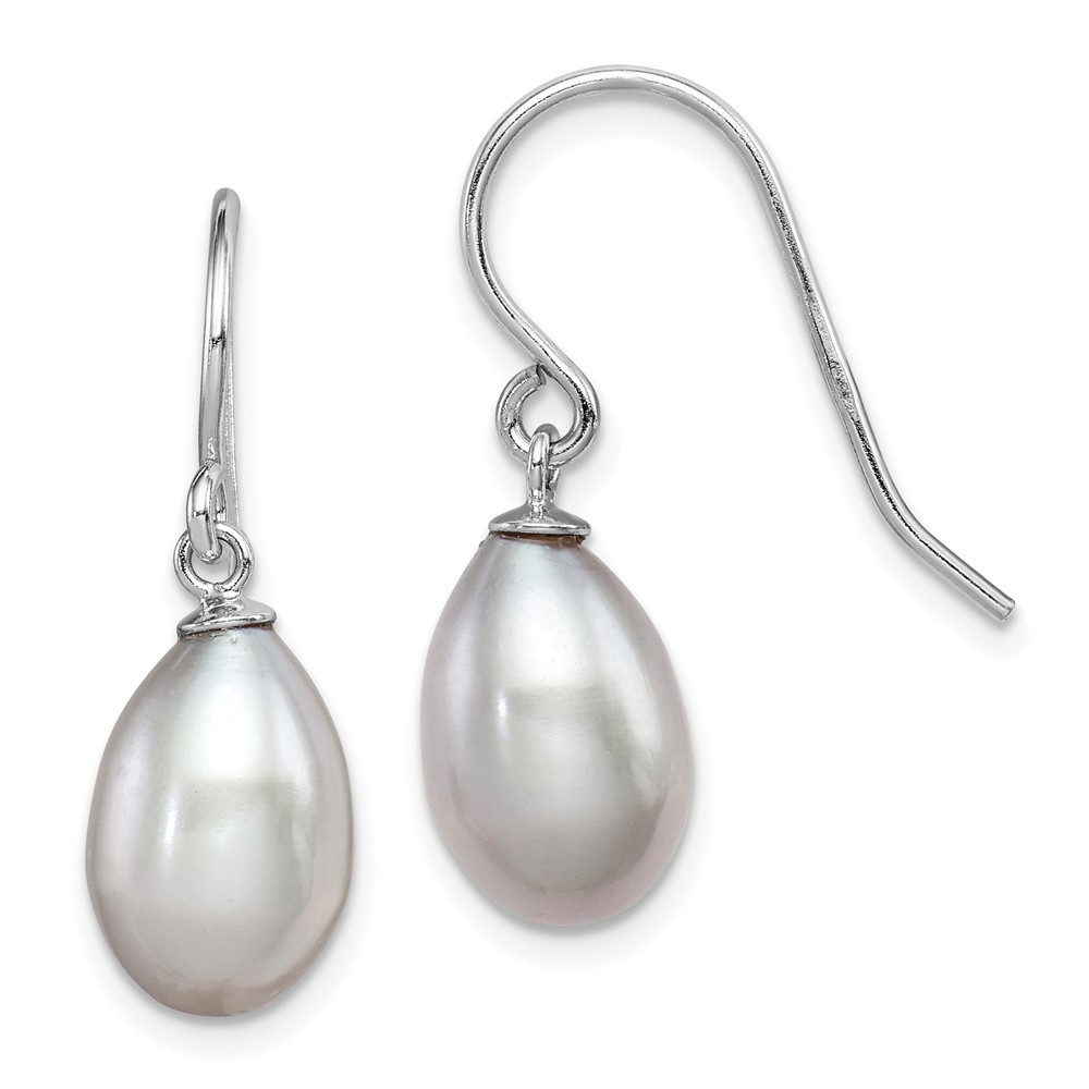 Sterling Silver Rhodium-plated Grey 8-9mm Rice Freshwater Cultured Pearl Dangle Earrings (QE7674)