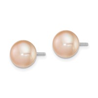 Sterling Silver Rhodium-plated 8-9mm Pink Button Freshwater Cultured Pearl Post Earrings view 2