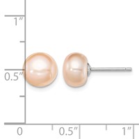 Sterling Silver Rhodium-plated 8-9mm Pink Button Freshwater Cultured Pearl Post Earrings view 4