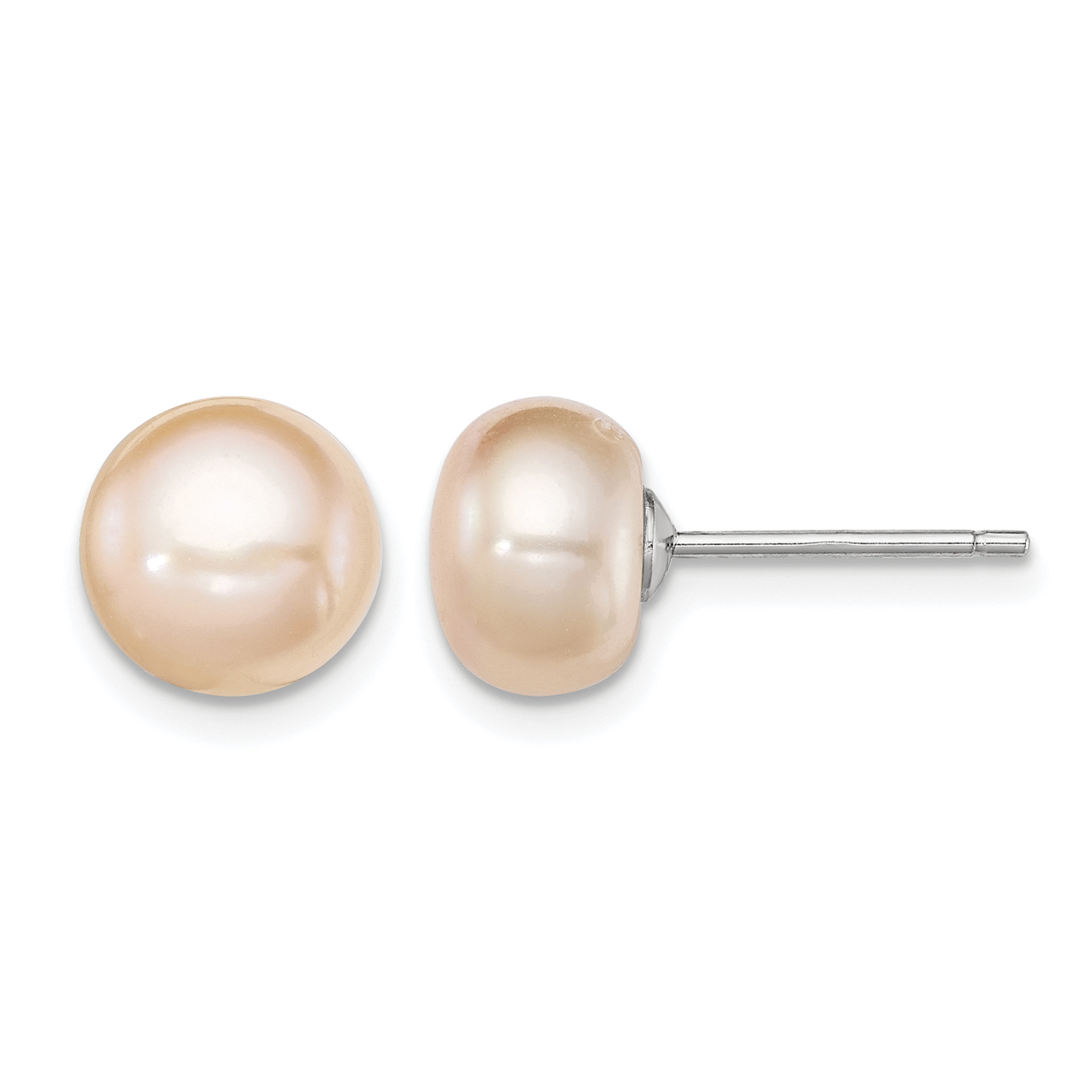 Sterling Silver Rhodium-plated 8-9mm Pink Button Freshwater Cultured Pearl Post Earrings (QE7676)