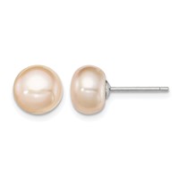Sterling Silver Rhodium-plated 8-9mm Pink Button Freshwater Cultured Pearl Post Earrings view 1
