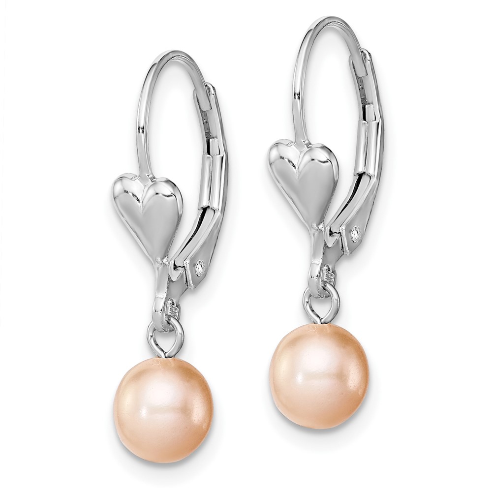 Sterling Silver Rhodium-plated 6-7mm Pink Round Freshwater Cultured Pearl Heart Leverback Dangle Earrings (QE7677)