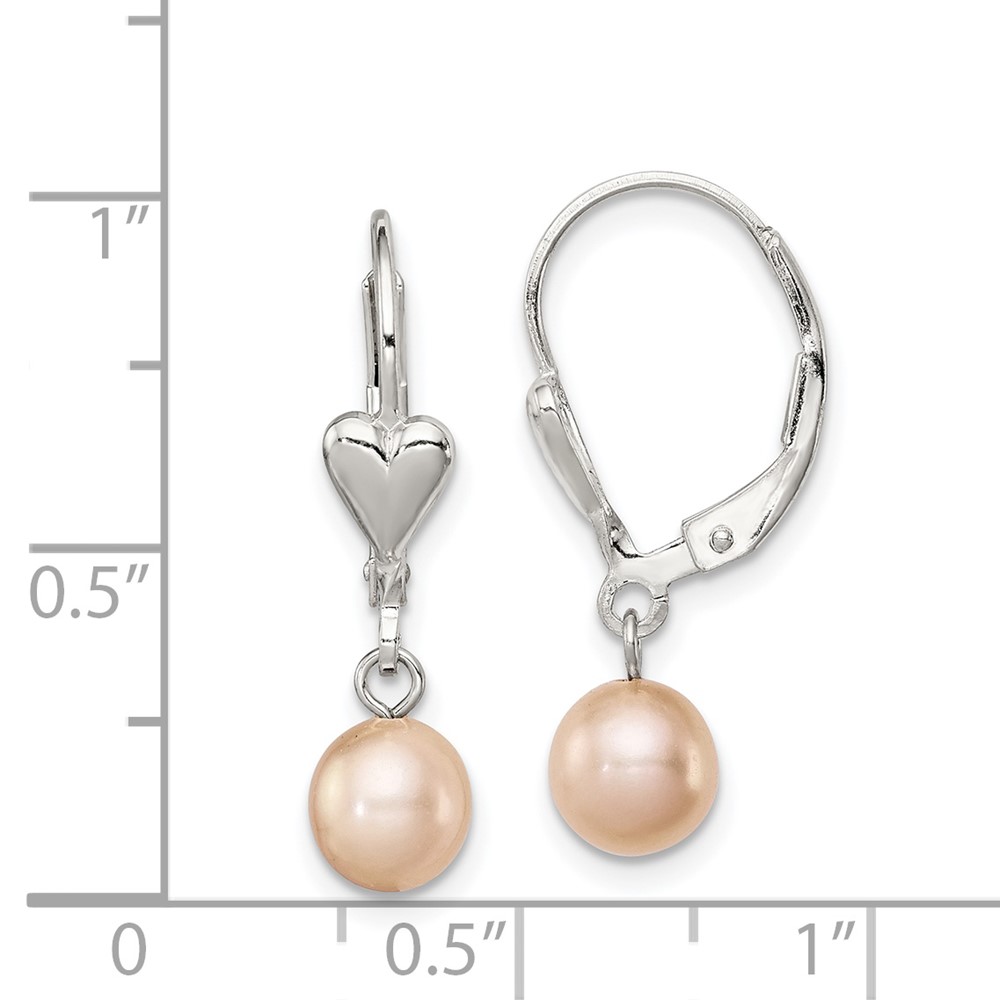 Sterling Silver Rhodium-plated 6-7mm Pink Round Freshwater Cultured Pearl Heart Leverback Dangle Earrings (QE7677)