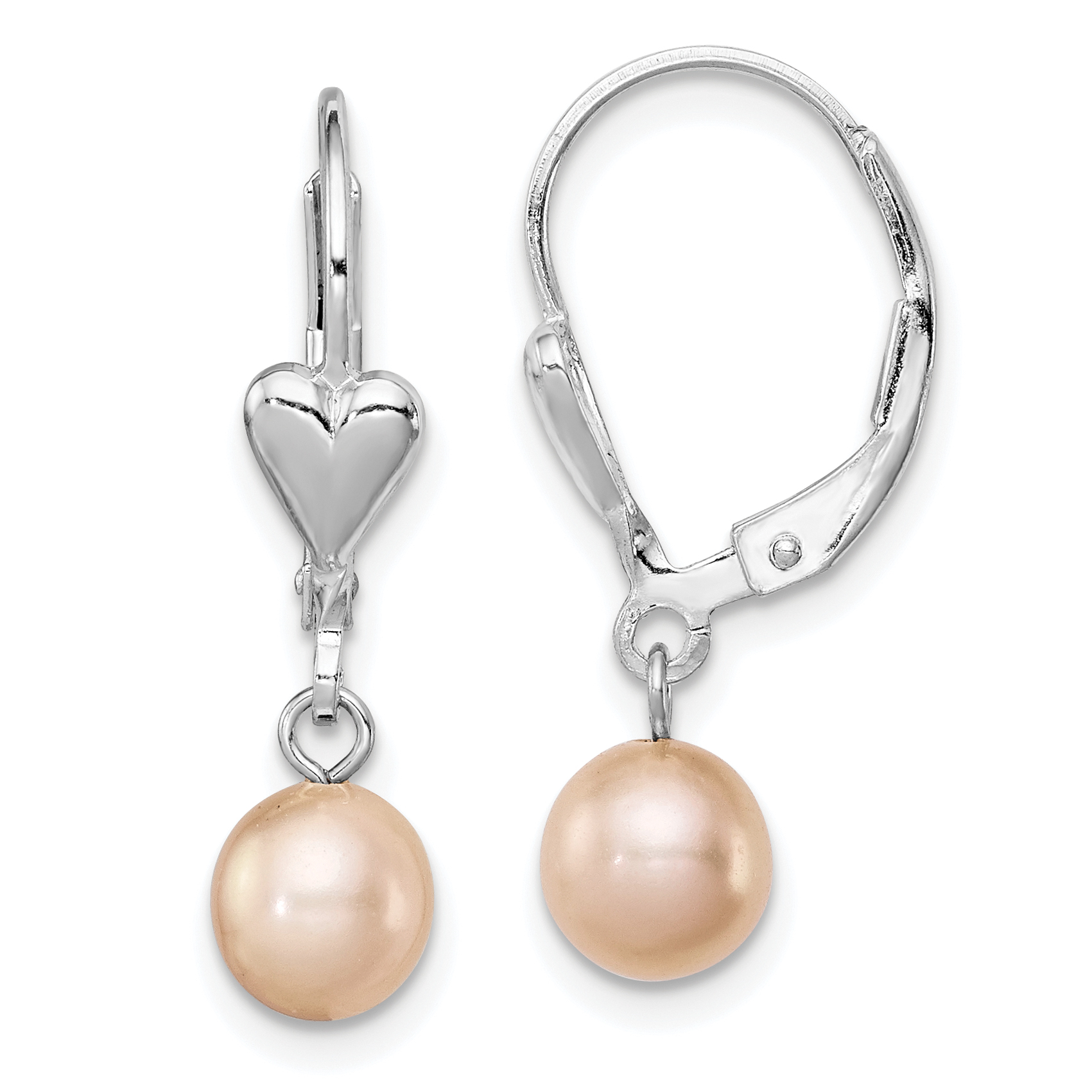 Sterling Silver Rhodium-plated 6-7mm Pink Round Freshwater Cultured Pearl Heart Leverback Dangle Earrings (QE7677)