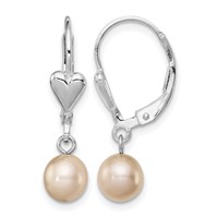 Sterling Silver Rhodium-plated 6-7mm Pink Round Freshwater Cultured Pearl Heart Leverback Dangle Earrings view 1