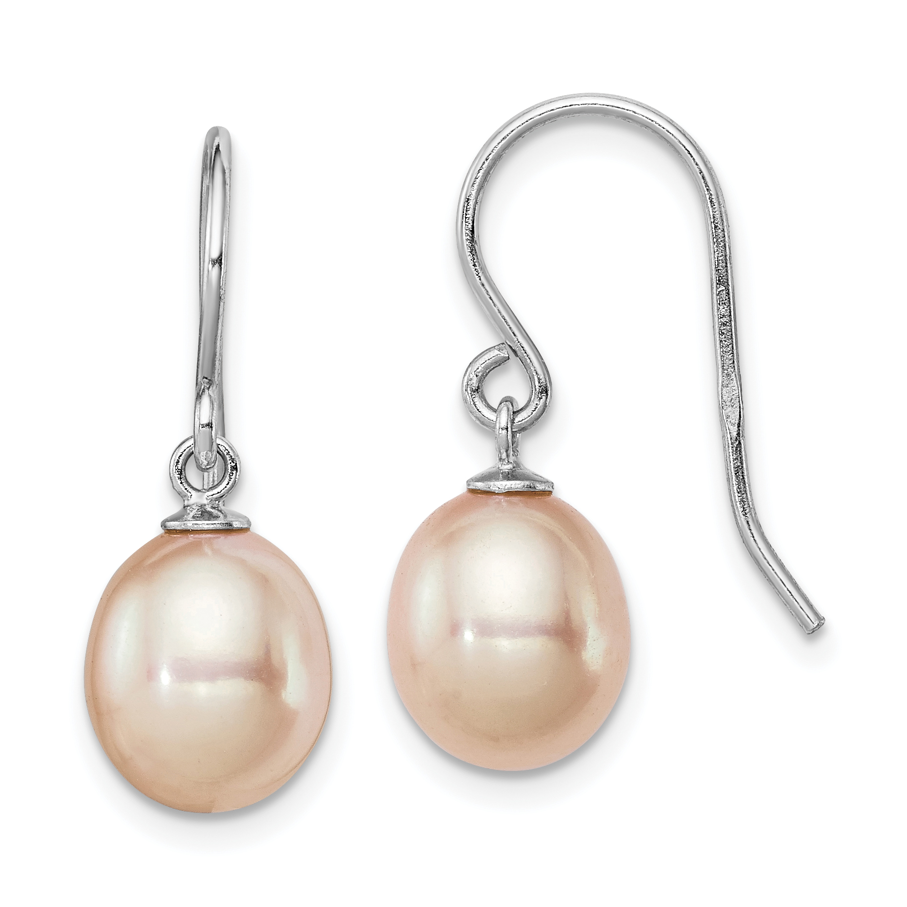Sterling Silver Rhodium-plated 8-9mm Pink Teardrop Freshwater Cultured Pearl Dangle Earrings (QE7678)