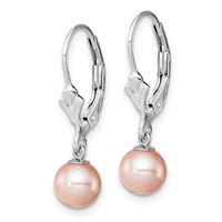 Sterling Silver Rhodium-plated 6-7mm Pink Round Freshwater Cultured Pearl Leverback Dangle Earrings view 2