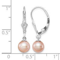 Sterling Silver Rhodium-plated 6-7mm Pink Round Freshwater Cultured Pearl Leverback Dangle Earrings view 4