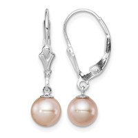 Sterling Silver Rhodium-plated 6-7mm Pink Round Freshwater Cultured Pearl Leverback Dangle Earrings view 1