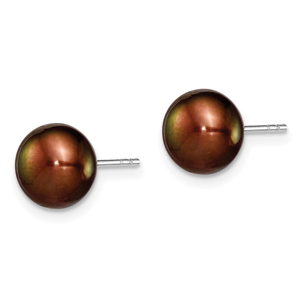 Sterling Silver Rhodium-plated 8-9mm Brown Button Freshwater Cultured Pearl Post Earring (QE7683)