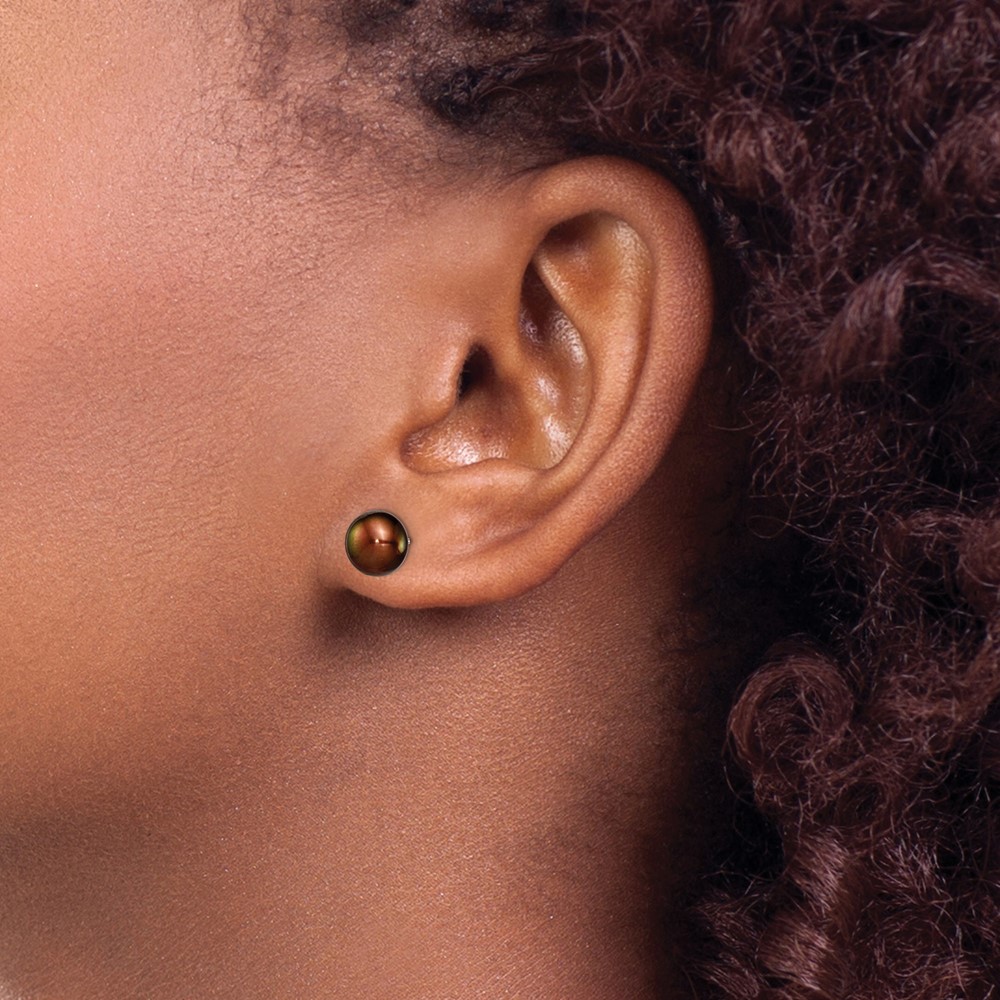 Sterling Silver Rhodium-plated 8-9mm Brown Button Freshwater Cultured Pearl Post Earring (QE7683)