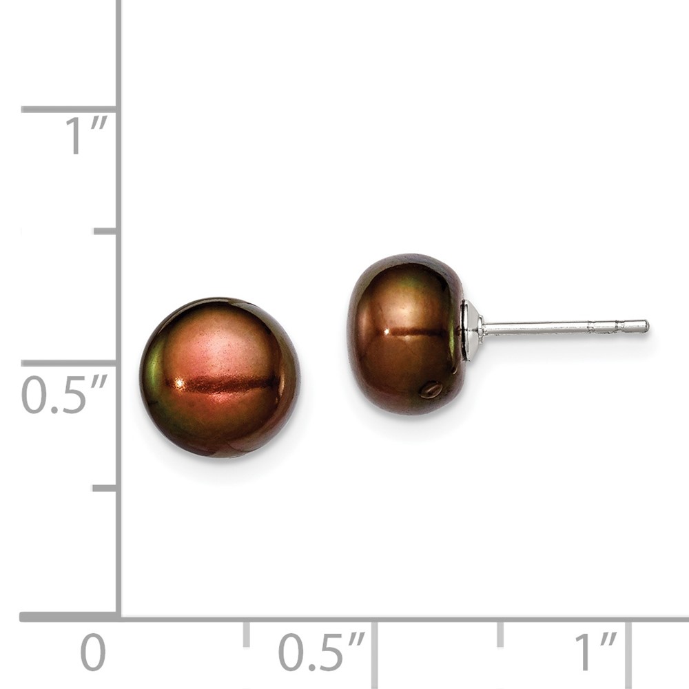 Sterling Silver Rhodium-plated 8-9mm Brown Button Freshwater Cultured Pearl Post Earring (QE7683)