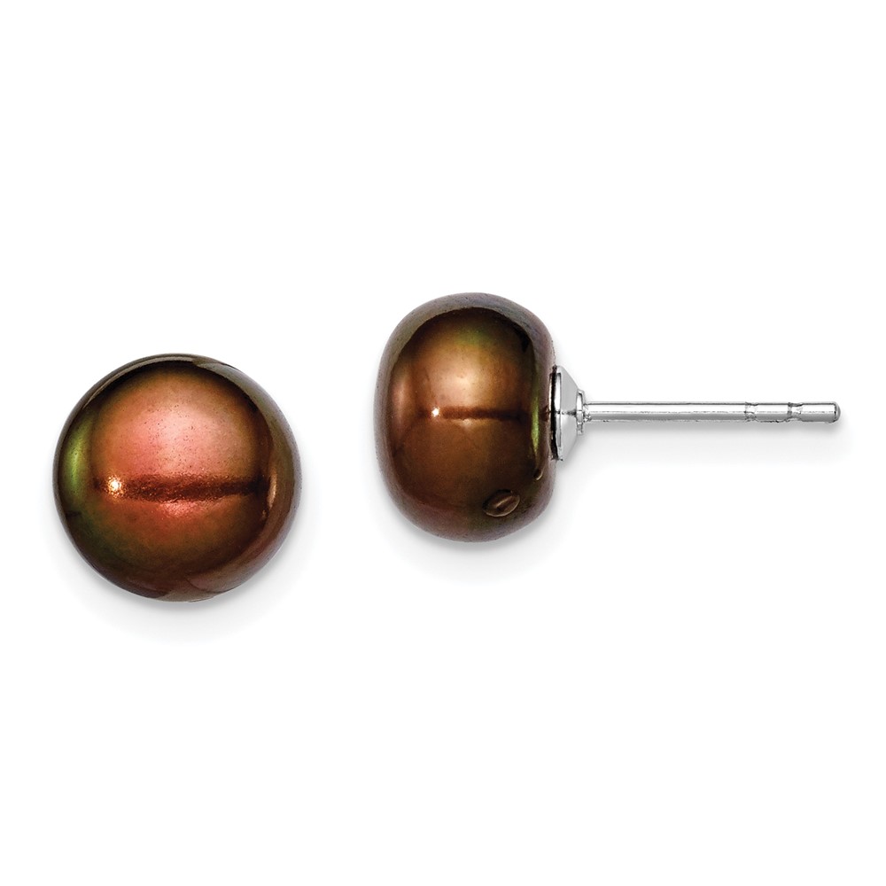 Sterling Silver Rhodium-plated 8-9mm Brown Button Freshwater Cultured Pearl Post Earring (QE7683)