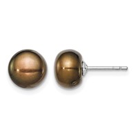 Sterling Silver Rhodium-plated 8-9mm Brown Button Freshwater Cultured Pearl Post Earring view 1