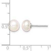 Sterling Silver Rhodium-plated 7-8mm White Button Freshwater Cultured Pearl Post Earrings view 4