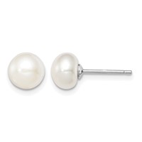 Sterling Silver Rhodium-plated 7-8mm White Button Freshwater Cultured Pearl Post Earrings view 1