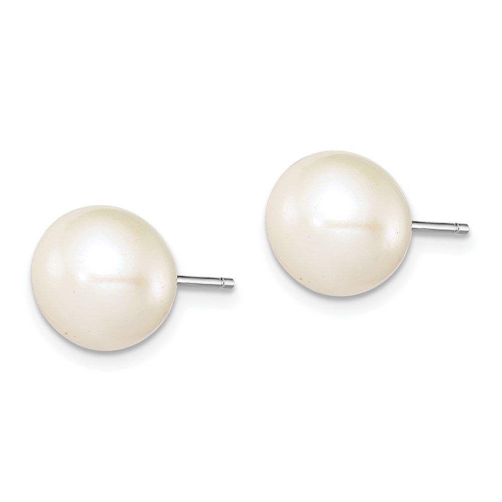 Sterling Silver Rhodium-plated 9-10mm White Button Freshwater Cultured Pearl Post Earrings (QE7689)