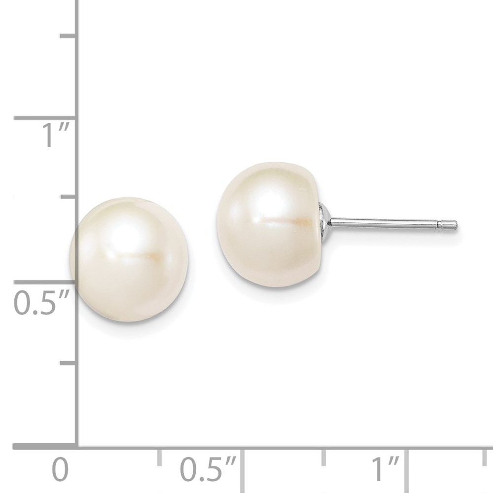 Sterling Silver Rhodium-plated 9-10mm White Button Freshwater Cultured Pearl Post Earrings (QE7689)