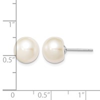 Sterling Silver Rhodium-plated 9-10mm White Button Freshwater Cultured Pearl Post Earrings view 4
