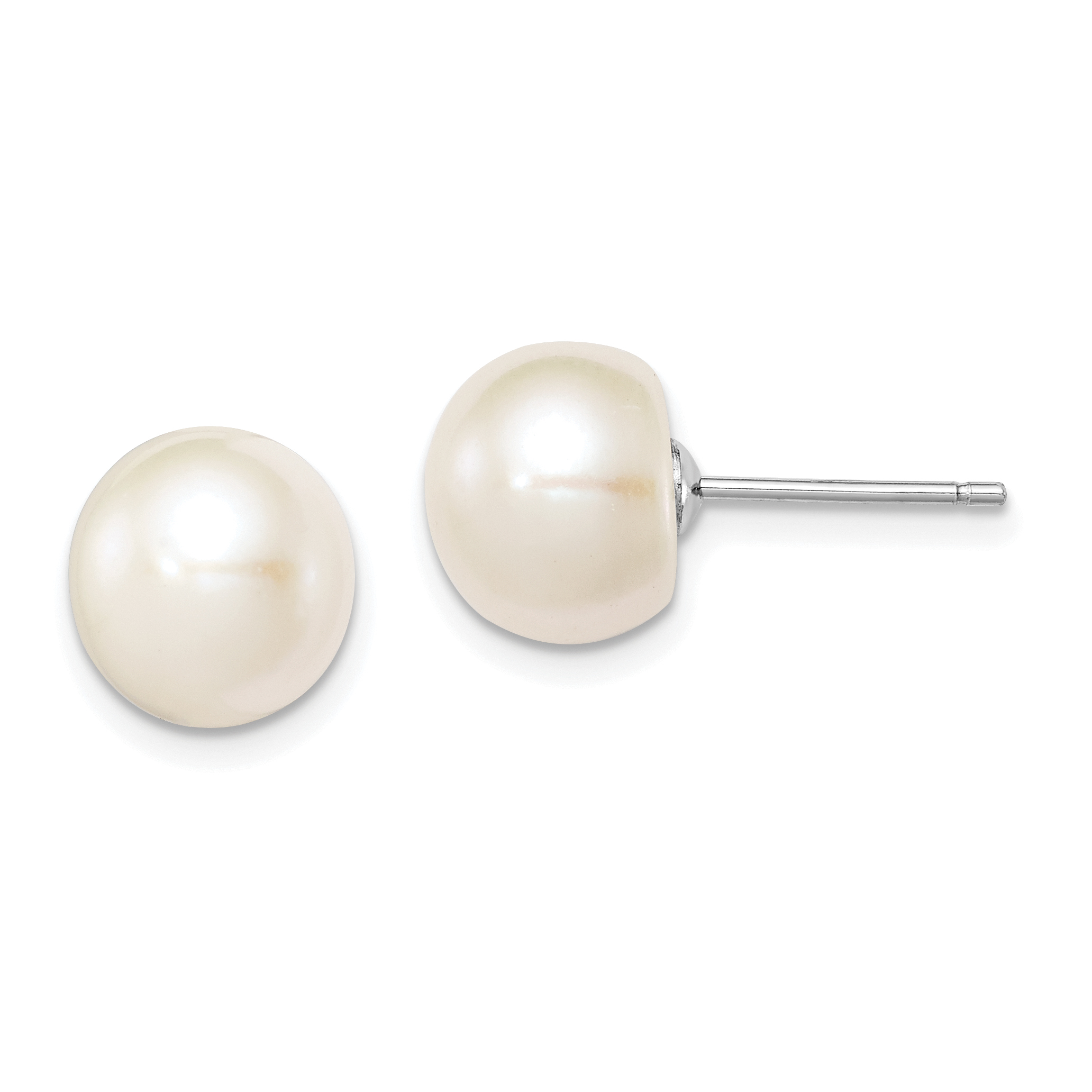 Sterling Silver Rhodium-plated 9-10mm White Button Freshwater Cultured Pearl Post Earrings (QE7689)