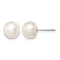 Sterling Silver Rhodium-plated 9-10mm White Button Freshwater Cultured Pearl Post Earrings view 1