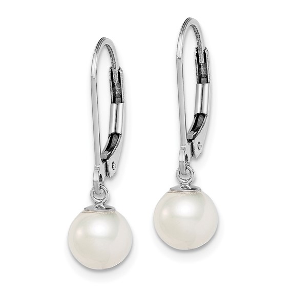 Sterling Silver Rhodium-plated 6-7mm White Round Freshwater Cultured Pearl Leverback Dangle Earrings