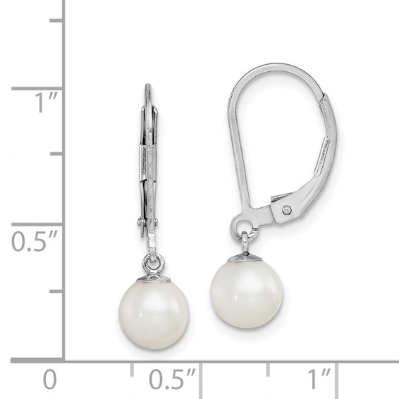 Sterling Silver Rhodium-plated 6-7mm White Round Freshwater Cultured Pearl Leverback Dangle Earrings