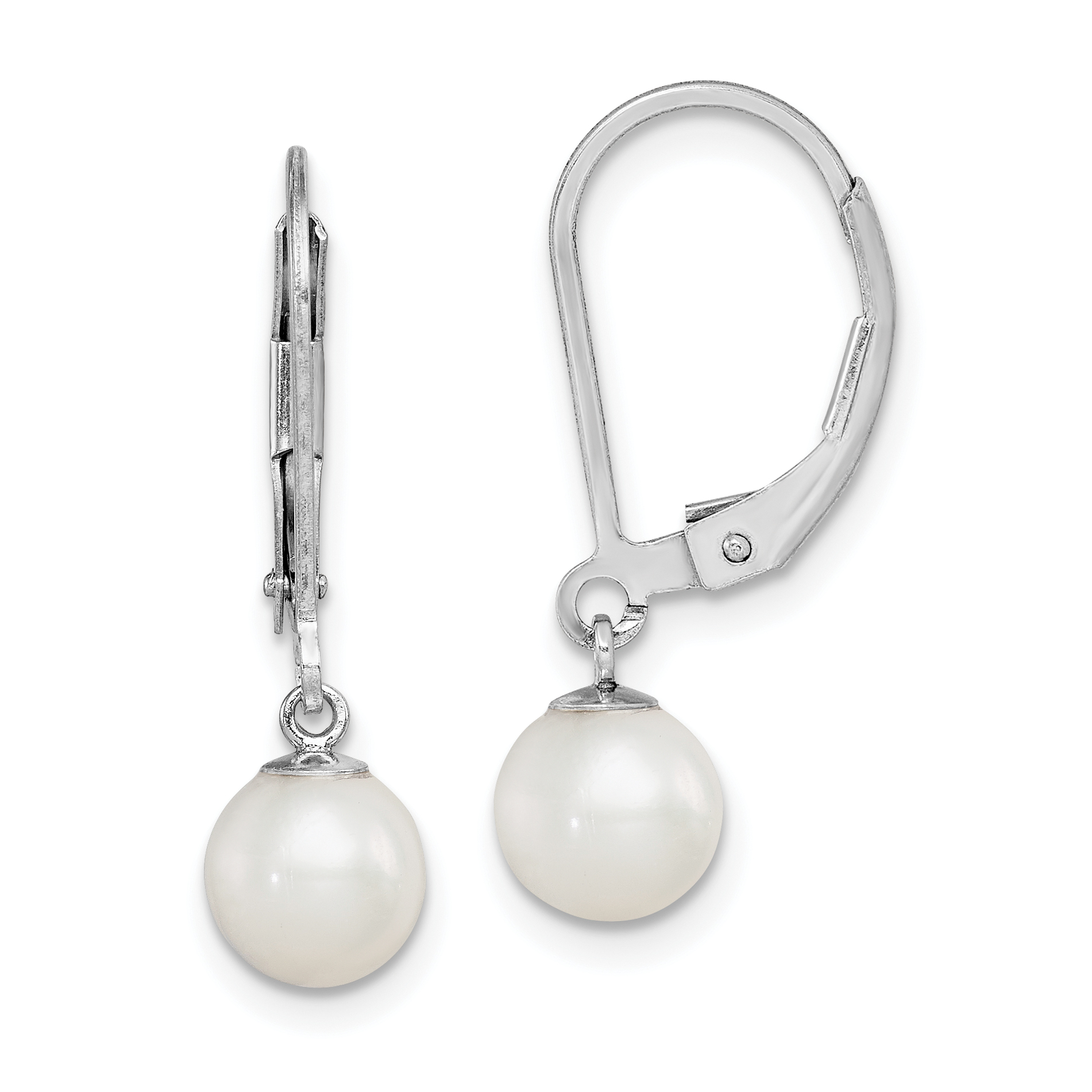 Sterling Silver Rhodium-plated 6-7mm White Round Freshwater Cultured Pearl Leverback Dangle Earrings (QE7690)