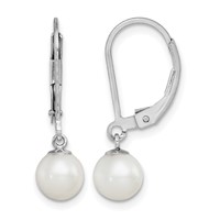 Sterling Silver Rhodium-plated 6-7mm White Round Freshwater Cultured Pearl Leverback Dangle Earrings view 1