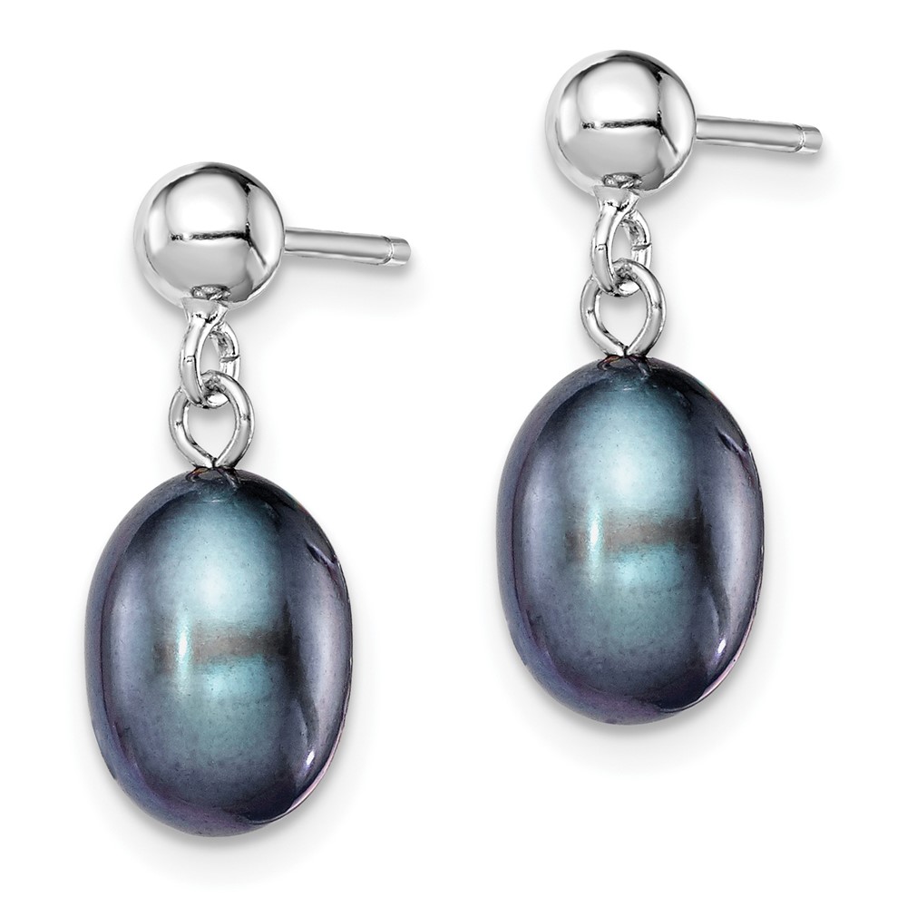 Sterling Silver Rhodium-plated 7-8mm Black Rice Freshwater Cultured Pearl Post Dangle Earrings (QE7698)