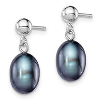 Sterling Silver Rhodium-plated 7-8mm Black Rice Freshwater Cultured Pearl Post Dangle Earrings view 2