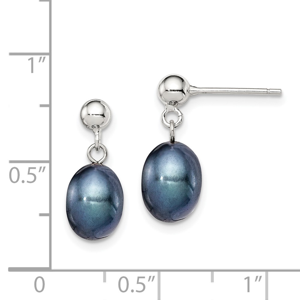 Sterling Silver Rhodium-plated 7-8mm Black Rice Freshwater Cultured Pearl Post Dangle Earrings (QE7698)