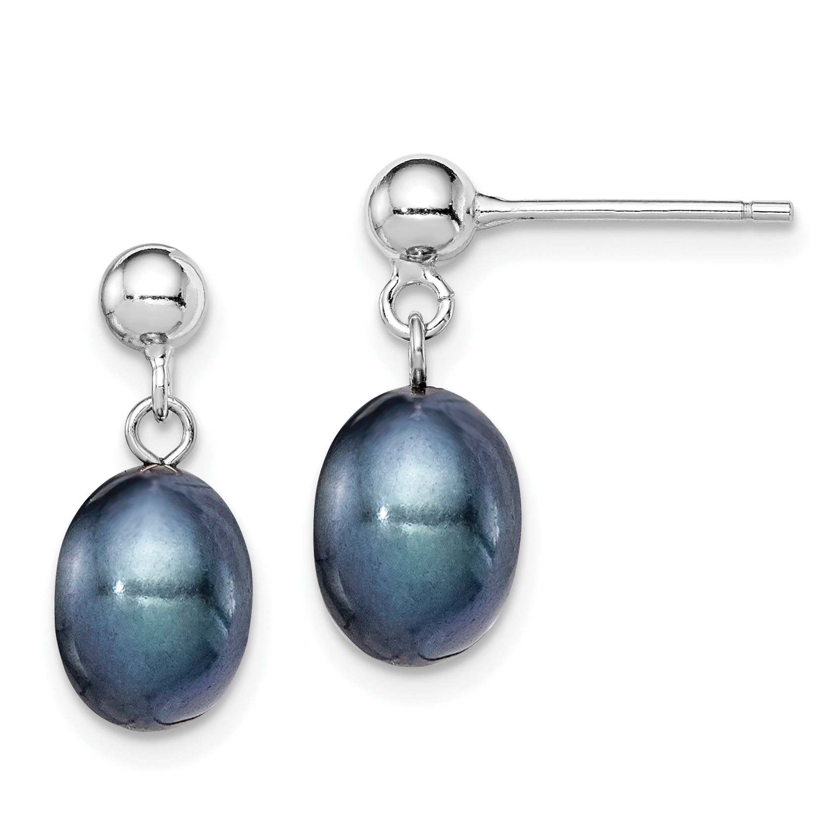 Sterling Silver Rhodium-plated 7-8mm Black Rice Freshwater Cultured Pearl Post Dangle Earrings (QE7698)