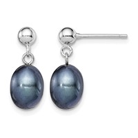 Sterling Silver Rhodium-plated 7-8mm Black Rice Freshwater Cultured Pearl Post Dangle Earrings view 1