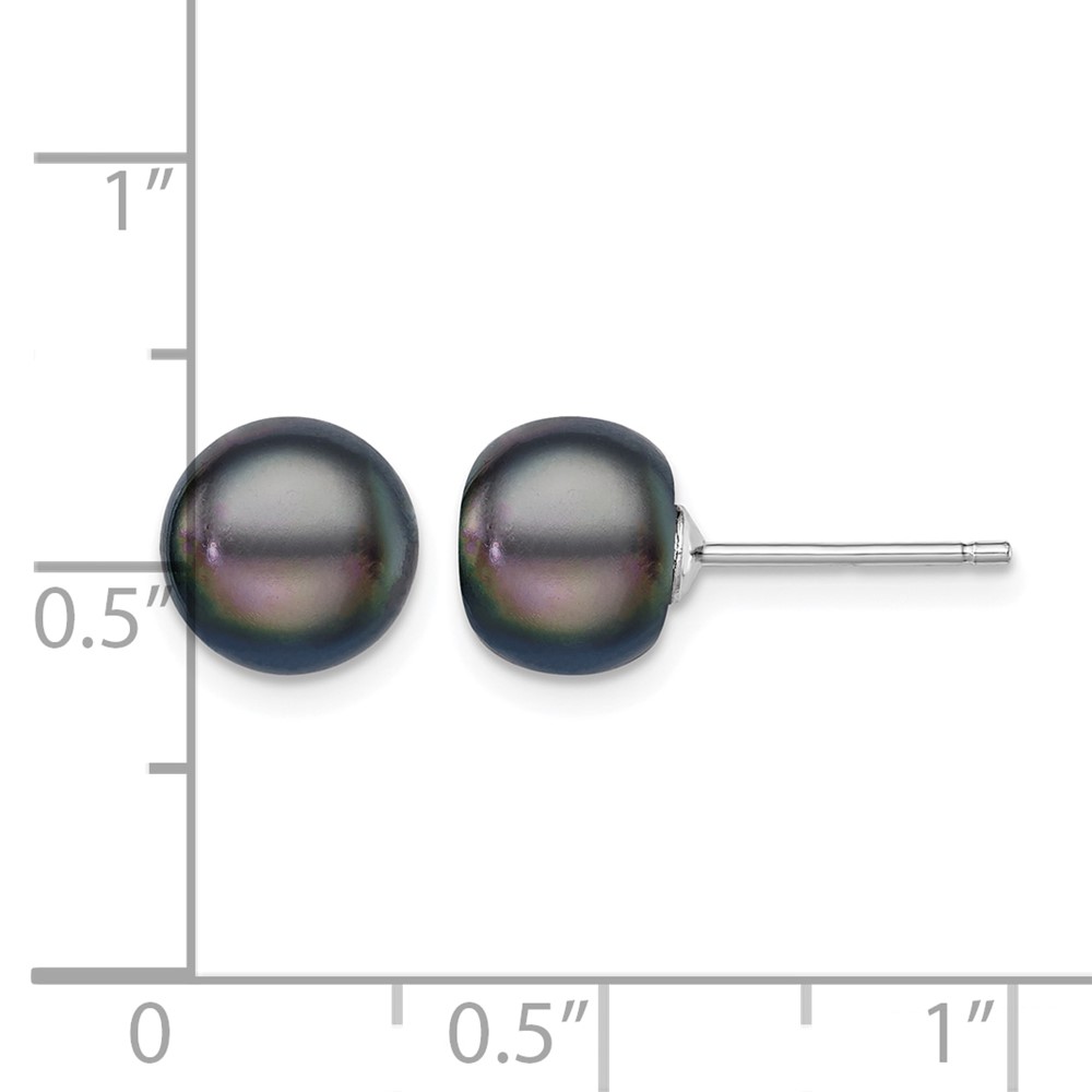 Sterling Silver Rhodium-plated 8-9mm Black Button Freshwater Cultured Pearl Post Earrings (QE7699)