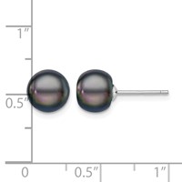 Sterling Silver Rhodium-plated 8-9mm Black Button Freshwater Cultured Pearl Post Earrings view 4