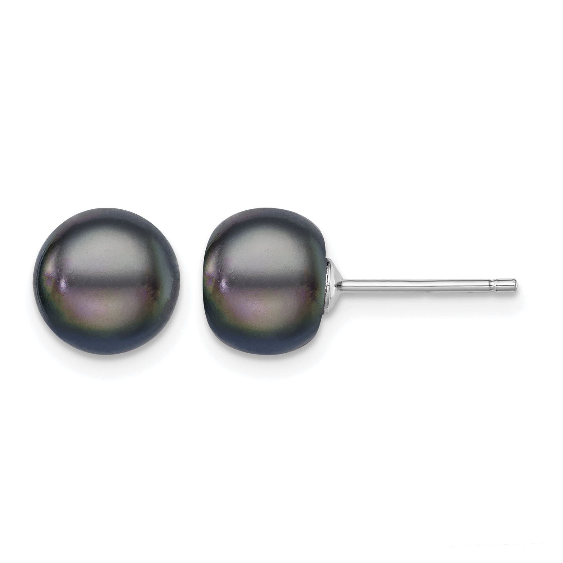 Sterling Silver Rhodium-plated 8-9mm Black Button Freshwater Cultured Pearl Post Earrings (QE7699)